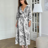 Autumn Fashion Temperament V Collar Lantern Sleeves With Dress Cotton Linen Dress 68HZ