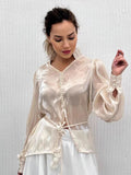 French Champagne Chiffon Lantern Sleeve Temperament Shirt Autumn 2025 New High-End Blouse Woman 68HZ
