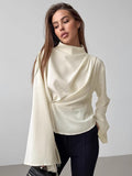 French Small Stand-Up Chiffon Sleeve 100-Fold Open Fork Shirt 2025 Spring New Fashion Top 68HZ