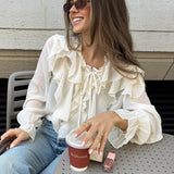 Summer Languid Rice-Colored Round Collar Loose Sexy Lace With Lotus Leaf Blouse French Commuting Simple Shirt Woman 68HZ