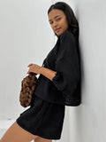 2025 French Autumn Bubble Wrinkled Casual Set Through Bubble Bubble Sleeve V Tie With High Waist Hot Pants Set 68HZ