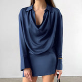 Autumn And Winter Elegant Blue Temperament Soft And Dumb Color Butt Irregular Collar Long Sleeves Short Dress Dress Woman 68HZ
