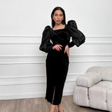 Black Sexy Temperament Collar Bubble Sleeve Knitting Korean Straight-Up Dress Stylish Dress 68HZ