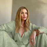 Autumn/Winter 2025 New Long-Sleeved Lap Folding Shirt Women's Broad-Legged Drag Feeling Wrinkled Trouser Set Solid Color 68HZ