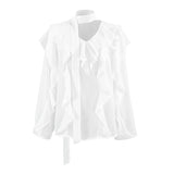 2025 Spring And Summer New Comfortable V Collar Lotus Side Long Sleeve Loose Shirt Design Sense Commuting Top 68HZ