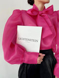 2025 Spring Sexy Perspective Mesh Long-Sleeved Top Folded High-End Bubble Bubble Sleeves To Play The Shirt Woman 68HZ