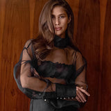 Sexy Perspective Mesh High-End Feeling Long-Sleeved Shirt 2025 Spring And Summer Fashion New Top Lady 68HZ