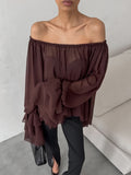Autumn And Winter Fashion Retro Temperament Collar Brown Chiffon Loose Sexy Side-Leaf Shirt 68HZ