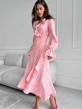 Gentle Wind Pink Temperament Lotus Leaf Side V Collar Sleeve Fishtail Dress Autumn Lace Long Skirt 68HZ