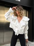 Cotton Design Lotus Leaf Side Sexy V Tie Shoulder Sleeves With Autumn And Winter Temperament Casual Shirt Woman 68HZ