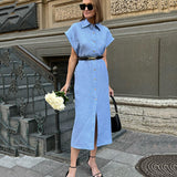 Summer New Commuter Collar Sleeveless Cotton Dress Temperament Elegant High-Waisted Long Dress Straight Skirt 68HZ