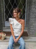 French Retro Temperament Collared Shoulder Design Short Cotton White Summer Lotus Leaf Side Vest Woman 68HZ