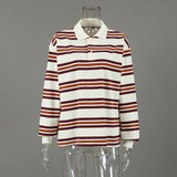 Vintage Collared Striped Knitted Women's Autumn British Style Polo Collar Slimming Leisurely Long-Sleeved T-Shirt 68HZ