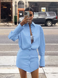 Spring And Summer Fresh Blue Loose Collar Shirt Sleeves Hip Dress Fashion Pencil Skirt 68HZ