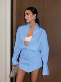 Spring And Summer Fresh Blue Loose Collar Shirt Sleeves Hip Dress Fashion Pencil Skirt 68HZ