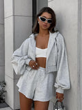 2025 Autumn Hooded Long-Sleeved Sweaty Loose Shorts Two-Piece Set Of Casual Sports Suit Gray Woman 68HZ