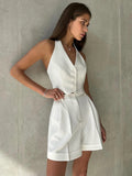 Spring And Summer New Commuting Style Sleeveless V-Neck Hanging Neck Hot Pants Set 2025 Fashion Two Sets 68HZ