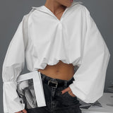 White Collar Sexy Open-Navel Design Sense Asymmetric Sleeve Shirt 2025 Autumn Fashion New Top 68HZ