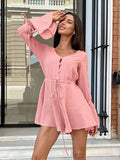 2025 Bubble Wrinkled Pure Cotton Pink Jumpsuit Woman Autumn Design Sleeve Jumper 68HZ