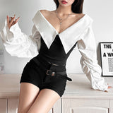 2025 Autumn New Women's Clothing Solid Color Body Open Umbilly Street Fashion V Collar Long-Sleeved Top Woman 68HZ