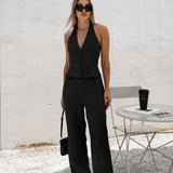 Summer Explosion Pure Color Fashion Casual Set Cotton Sleeveless Hanging Neck Top High Waist Trousers Two Sets Of Women 68HZ