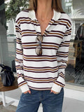 Vintage Collared Striped Knitted Women's Autumn British Style Polo Collar Slimming Leisurely Long-Sleeved T-Shirt 68HZ