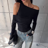 Hottie Slanted Shoulders Hollow Long-Sleeved Irregular T-Shirt Autumn Women's High-End Pure Desire To Repair The Temperament Top 68HZ