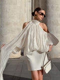 2026 Spring French Temperament Hanging Neck To Lead Long-Sleeved Hair Dress Girl Niche Design Feel Gold And Silver Silk Shirt 68HZ