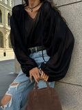 Autumn And Winter Sexy Design Feeling Micro-Permeable Chiffon Black Mystery Loose V-Neck Shoulder Sleeves With Niche Tie Shirt 68HZ