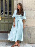 New French Elegant Dress In Summer 2025 Sexy Low-Breasted V-Neck Bubble-Sleeved High-Rise Cotton Dress 68HZ