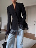 Black Small Suit Jacket 2025 Autumn And Winter New Design Lace Splicing Commuting Women's Long-Sleeved Top 68HZ