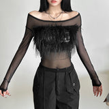 Women's Clothing 2025WISH Autumn And Winter New Solid Color Long-Sleeved Word-Collar Mesh Yarn Perspective Top Lady 68HZ