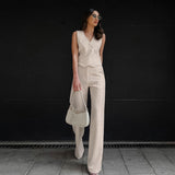 Commuting Apricot Cotton Vest Vest Broad Leg Trousers Two Sets Of Women 2025 Summer Deconstruction Design Set 68HZ