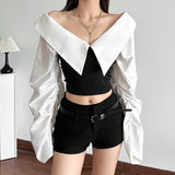 2025 Autumn New Women's Clothing Solid Color Body Open Umbilly Street Fashion V Collar Long-Sleeved Top Woman 68HZ