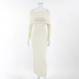 Sexy One-Word Shoulder Knitted Dress 2025 Autumn New Texture Temperament Body-Body-Bismed Fishtail Dress 68HZ