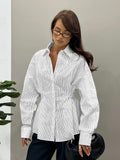 Vintage Design Sense Irregular Striped Shirt Female Senior Pressure Folded Waist Long Sleeve Commuting Top 68HZ
