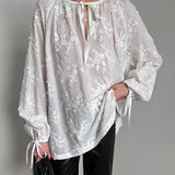 French Cotton Embroidered V-Neck Bubble Sleeve White Shirt 2025 Summer Fashion New Top Lady 68HZ