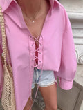 In The Fall Of 2025, The New Women's Wear Collar Shirt Wears A Rope With A Design Feeling Long-Sleeved Shirt Pink 68HZ