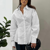 Vintage Design Sense Irregular Striped Shirt Female Senior Pressure Folded Waist Long Sleeve Commuting Top 68HZ