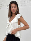 White Flying Sleeve Cotton Hemp Leaves Side Strapped Small Vest 2025 Summer Fashion New Woman 68HZ