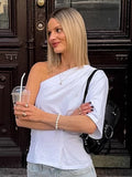 French White Irregularly Side-Sleeved Knitted T-Shirt 2025 Fashion New Woman 68HZ