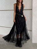2025 Sexy Black Lace Temperament Dress With Sexy V-Neck Loose-Back Women's Dress 68HZ