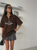 New Chromic Letter Embroidery Short Sleeves Loose Casual Half-Tzip-Up Clip T-Shirt Lady Summer 68HZ