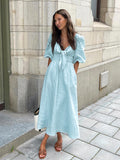 New French Elegant Dress In Summer 2025 Sexy Low-Breasted V-Neck Bubble-Sleeved High-Rise Cotton Dress 68HZ