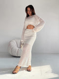 Spring And Summer Thin Knitted Netted Short Suit Dress Summer Women Two Sets Of Long-Sleeved Tops Sexy Half-Body Dress 68HZ