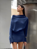 Autumn And Winter Elegant Blue Temperament Soft And Dumb Color Butt Irregular Collar Long Sleeves Short Dress Dress Woman 68HZ