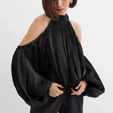 2026 Spring French Temperament Hanging Neck To Lead Long-Sleeved Hair Dress Girl Niche Design Feel Gold And Silver Silk Shirt 68HZ