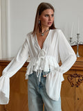 Fashion Chiffon Long-Sleeved Lace Lady Shirt Spring And Summer New Loose Comfortable Horn Sleeve Woman 68HZ