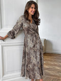 Leopard Print Color-Butt V-Neck Lantern Sleeve A Swing Temperament Dress 2025 Autumn Fashion New Long Dress Woman 68HZ