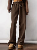 2025 Autumn And Winter Fashion Warm Thick Velvet Leisure Trousers Tying Belt Mid-Sleece Loose Broad-Footed Trousers Woman 68HZ